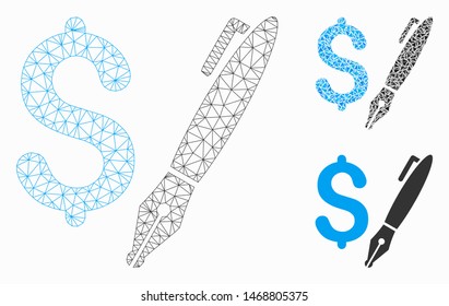 Mesh pencil price model with triangle mosaic icon. Wire carcass triangular mesh of pencil price. Vector mosaic of triangle parts in variable sizes, and color tinges. Abstract 2d mesh pencil price,