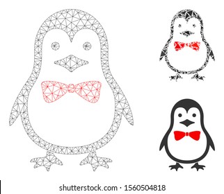 Mesh penguin bow model with triangle mosaic icon. Wire frame polygonal mesh of penguin bow. Vector mosaic of triangle parts in variable sizes, and color tinges. Abstract flat mesh penguin bow,