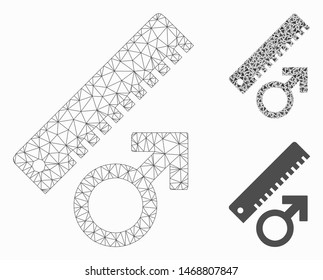 Mesh penis measure model with triangle mosaic icon. Wire carcass polygonal mesh of penis measure. Vector mosaic of triangle elements in variable sizes, and color tones. Abstract 2d mesh penis measure,
