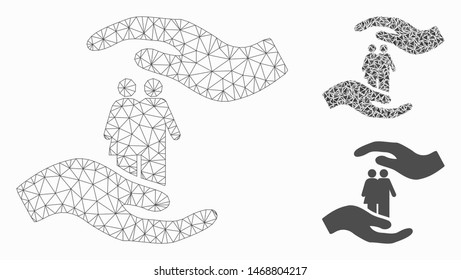 Mesh people care hands model with triangle mosaic icon. Wire carcass polygonal mesh of people care hands. Vector mosaic of triangle parts in various sizes, and color tinges.