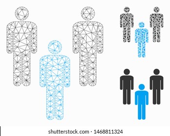 Mesh people community model with triangle mosaic icon. Wire carcass polygonal mesh of people community. Vector mosaic of triangle elements in various sizes, and color hues.