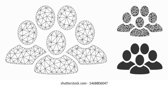 Mesh people crowd model with triangle mosaic icon. Wire carcass polygonal mesh of people crowd. Vector mosaic of triangles in various sizes, and color tints. Abstract 2d mesh people crowd,