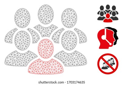 Mesh people crowd polygonal 2d vector illustration. Carcass model is based on people crowd flat icon. Triangle network forms abstract people crowd flat model.