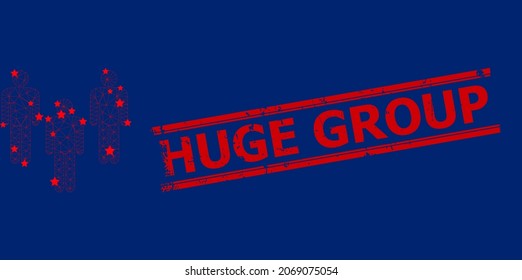 Mesh people crowd polygonal icon vector illustration, and red HUGE GROUP scratched seal. Carcass model is created from people crowd flat icon, with stars and polygonal mesh.