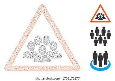 Mesh people crowd warning polygonal icon vector illustration. Carcass model is based on people crowd warning flat icon. Triangular mesh forms abstract people crowd warning flat carcass.