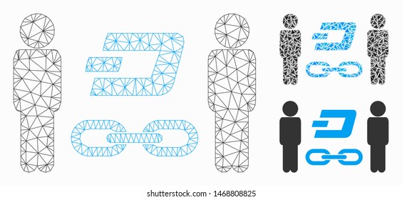 Mesh people Dash blockchain model with triangle mosaic icon. Wire frame polygonal mesh of people Dash blockchain. Vector mosaic of triangle parts in different sizes, and color tinges.