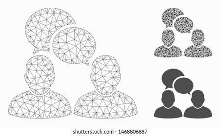 Mesh people dialog model with triangle mosaic icon. Wire frame polygonal mesh of people dialog. Vector mosaic of triangle parts in different sizes, and color tones. Abstract 2d mesh people dialog,