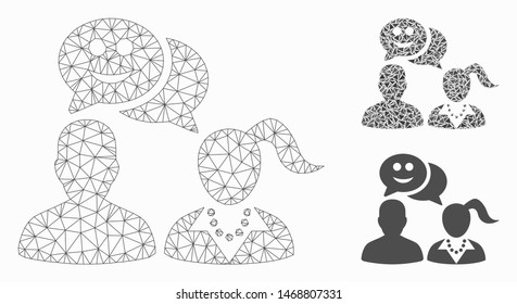 Mesh people happy chat model with triangle mosaic icon. Wire frame triangular mesh of people happy chat. Vector mosaic of triangle parts in variable sizes, and color tints.
