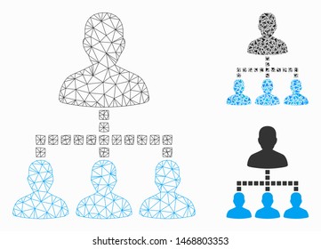 Mesh people hierarchy model with triangle mosaic icon. Wire frame polygonal mesh of people hierarchy. Vector composition of triangle elements in different sizes, and color tinges.