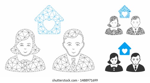 Mesh people marriage model with triangle mosaic icon. Wire carcass triangular mesh of people marriage. Vector composition of triangle elements in various sizes, and color shades.