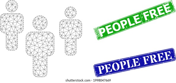 Modelo de personas de malla y Marcas impuras de rectángulos azul y verde libre de personas. Imagen de la canal de malla basada en el pictograma de la gente. Los sellos de sello contienen texto libre de personas dentro de un marco rectangular.