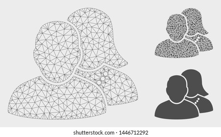 Mesh people model with triangle mosaic icon. Wire carcass triangular network of people. Vector mosaic of triangle elements in variable sizes, and color shades. Abstract 2d mesh people,