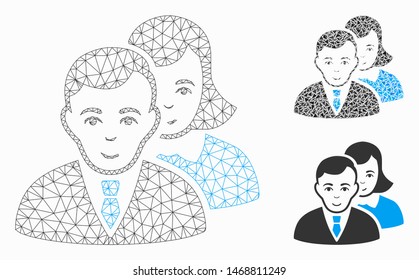 Mesh people model with triangle mosaic icon. Wire frame polygonal mesh of people. Vector mosaic of triangle parts in different sizes, and color tinges. Abstract 2d mesh people,