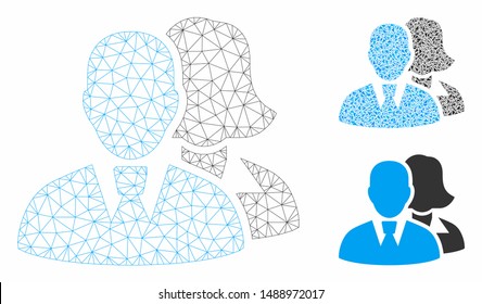 Mesh people model with triangle mosaic icon. Wire carcass polygonal network of people. Vector mosaic of triangles in various sizes, and color shades. Abstract 2d mesh people,