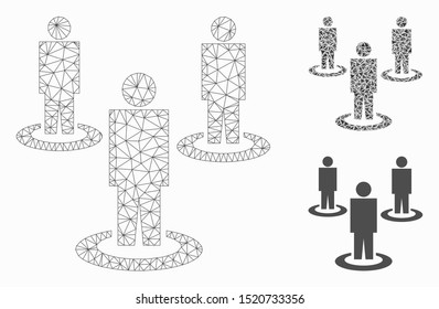 Mesh people model with triangle mosaic icon. Wire frame polygonal mesh of people. Vector composition of triangle parts in various sizes, and color shades. Abstract flat mesh people,