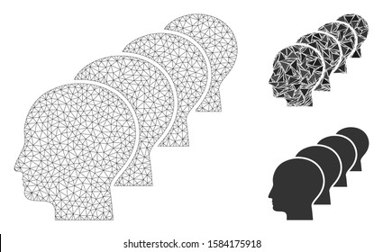 Mesh people model with triangle mosaic icon. Wire carcass polygonal mesh of people. Vector mosaic of triangle parts in variable sizes, and color shades. Abstract 2d mesh people,