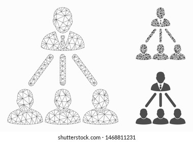 Mesh people organization structure model with triangle mosaic icon. Wire frame triangular mesh of people organization structure. Vector mosaic of triangle elements in different sizes, and color tones.