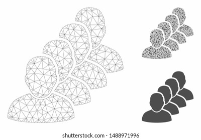 Mesh people queue model with triangle mosaic icon. Wire frame triangular mesh of people queue. Vector mosaic of triangles in various sizes, and color hues. Abstract flat mesh people queue,