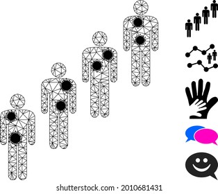 Mesh people queue polygonal icon vector illustration, with black infection items. Carcass model is created from people queue flat icon, with covid items and polygonal mesh.