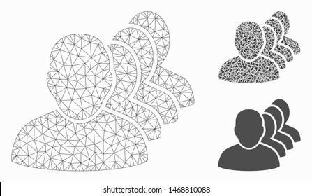 Mesh people squad model with triangle mosaic icon. Wire frame polygonal mesh of people squad. Vector mosaic of triangle elements in different sizes, and color tones. Abstract 2d mesh people squad,