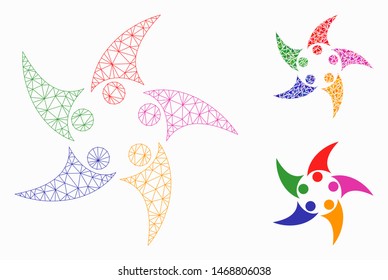 Mesh people union model with triangle mosaic icon. Wire carcass triangular mesh of people union. Vector mosaic of triangle parts in various sizes, and color shades. Abstract 2d mesh people union,