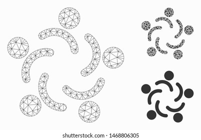 Mesh people unity model with triangle mosaic icon. Wire carcass polygonal network of people unity. Vector mosaic of triangle parts in different sizes, and color tones. Abstract 2d mesh people unity,