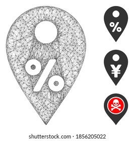Mesh percent map marker polygonal web symbol vector illustration. Carcass model is based on percent map marker flat icon. Triangle mesh forms abstract percent map marker flat model.