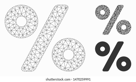 Mesh percent model with triangle mosaic icon. Wire carcass triangular mesh of percent. Vector mosaic of triangle elements in different sizes, and color tinges. Abstract 2d mesh percent,