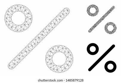 Mesh percent model with triangle mosaic icon. Wire carcass polygonal mesh of percent. Vector mosaic of triangle parts in various sizes, and color tinges. Abstract 2d mesh percent,