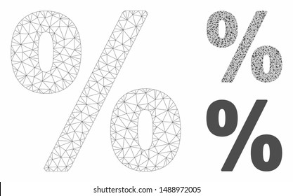 Mesh percent model with triangle mosaic icon. Wire carcass triangular mesh of percent. Vector composition of triangle elements in various sizes, and color tinges. Abstract flat mesh percent,