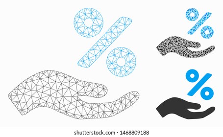 Mesh percent offer hand model with triangle mosaic icon. Wire frame polygonal mesh of percent offer hand. Vector composition of triangles in various sizes, and color tinges.
