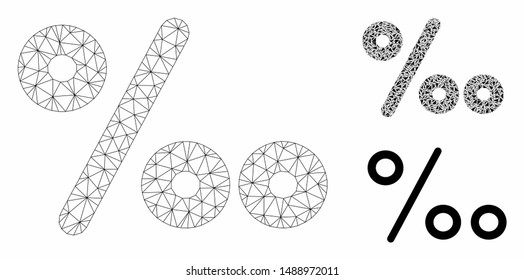 Mesh permille model with triangle mosaic icon. Wire carcass polygonal mesh of permille. Vector composition of triangle parts in variable sizes, and color tints. Abstract flat mesh permille,