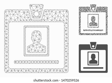 Mesh person badge model with triangle mosaic icon. Wire carcass triangular mesh of person badge. Vector mosaic of triangle elements in variable sizes, and color tints. Abstract 2d mesh person badge,