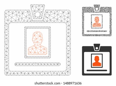 Mesh person badge model with triangle mosaic icon. Wire carcass triangular mesh of person badge. Vector mosaic of triangle elements in different sizes, and color tinges. Abstract 2d mesh person badge,