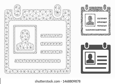 Mesh person cardfile model with triangle mosaic icon. Wire carcass triangular mesh of person cardfile. Vector mosaic of triangles in various sizes, and color tones. Abstract flat mesh person cardfile,