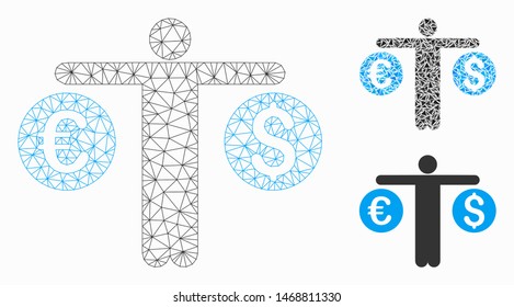 Mesh person compares currency model with triangle mosaic icon. Wire carcass triangular mesh of person compares currency. Vector mosaic of triangle elements in various sizes, and color tinges.