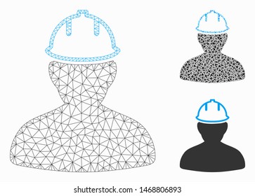 Mesh person in hardhat model with triangle mosaic icon. Wire frame triangular mesh of person in hardhat. Vector mosaic of triangle elements in different sizes, and color tinges.