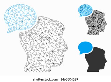 Mesh person idea model with triangle mosaic icon. Wire carcass triangular mesh of person idea. Vector mosaic of triangle elements in different sizes, and color tinges. Abstract 2d mesh person idea,