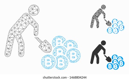 Mesh person mining Bitcoins model with triangle mosaic icon. Wire frame polygonal mesh of person mining Bitcoins. Vector collage of triangle parts in variable sizes, and color tints.