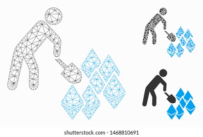 Mesh person mining Ethereum model with triangle mosaic icon. Wire carcass triangular mesh of person mining Ethereum. Vector mosaic of triangles in variable sizes, and color tinges.