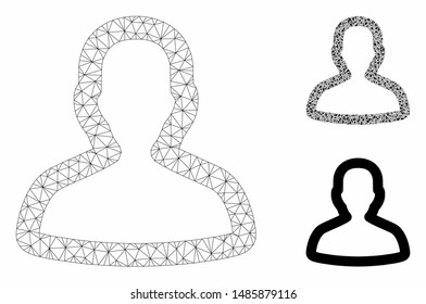 Mesh person model with triangle mosaic icon. Wire frame triangular mesh of person. Vector mosaic of triangle elements in different sizes, and color tints. Abstract flat mesh person,