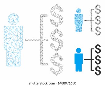 Mesh person payments model with triangle mosaic icon. Wire frame polygonal mesh of person payments. Vector mosaic of triangles in variable sizes, and color tinges. Abstract 2d mesh person payments,