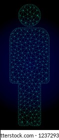 Mesh person polygonal illustration. Abstract mesh lines, triangles and points on dark background with person. Wire frame 2D polygonal line network in vector format on a dark blue background.