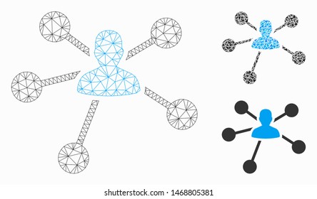 Mesh person relations model with triangle mosaic icon. Wire frame polygonal mesh of person relations. Vector composition of triangle elements in variable sizes, and color hues.