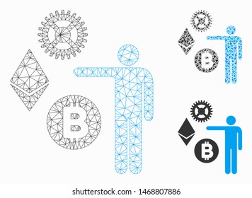 Mesh person show cryptocurrency model with triangle mosaic icon. Wire frame triangular mesh of person show cryptocurrency. Vector mosaic of triangle elements in different sizes, and color tinges.