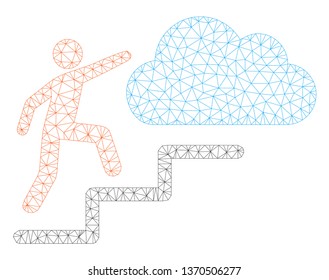Mesh Person steps to cloud polygonal icon illustration. Abstract mesh lines and dots form triangular Person steps to cloud.