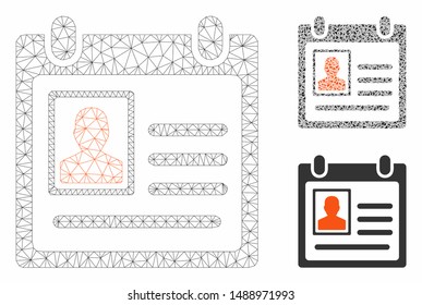 Mesh personal badge model with triangle mosaic icon. Wire carcass polygonal mesh of personal badge. Vector mosaic of triangle parts in various sizes, and color tones.