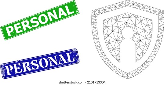 Mesh persönliches Schild Bild, und Persönliches blaues und grünes Rechteck grunge Siegel. Mesh-Schlachtkörpersymbol mit persönlichem Schildpiktogramm.