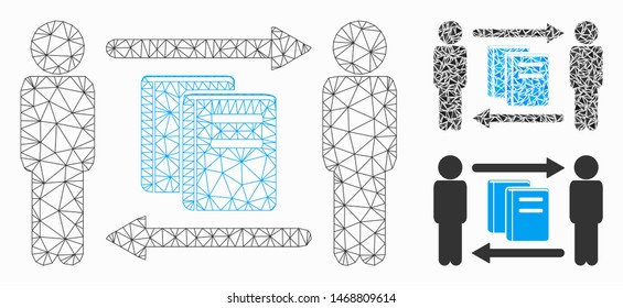 Mesh persons books exchange model with triangle mosaic icon. Wire frame triangular mesh of persons books exchange. Vector mosaic of triangle elements in various sizes, and color tones.
