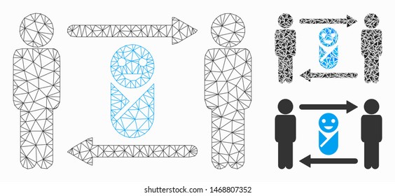 Mesh persons child exchange model with triangle mosaic icon. Wire frame polygonal mesh of persons child exchange. Vector mosaic of triangle parts in various sizes, and color hues.